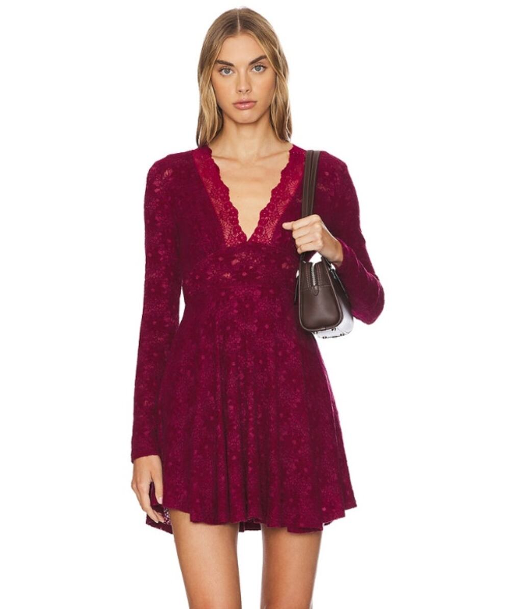 Free People All Yours Mini Dress in Red Plum Boho Bohemian Lace Romantic